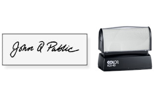 Custom Colop EOS 40 pre-inked signature stamps made daily. Upload your signature to be turned into a stamp! Free same-day shipping. No sales tax - ever.