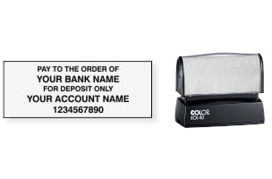 Order Now! Colop EOS 40 Standard Check Endorsement Stamp. Just enter your bank, name and account number. Free shipping. No Sales Tax - Ever!