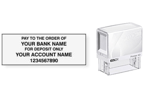 Order Now! COLOP Printer 40 Standard Check Endorsement Stamp. Just enter your bank, name and account number. Free shipping. No Sales Tax - Ever!